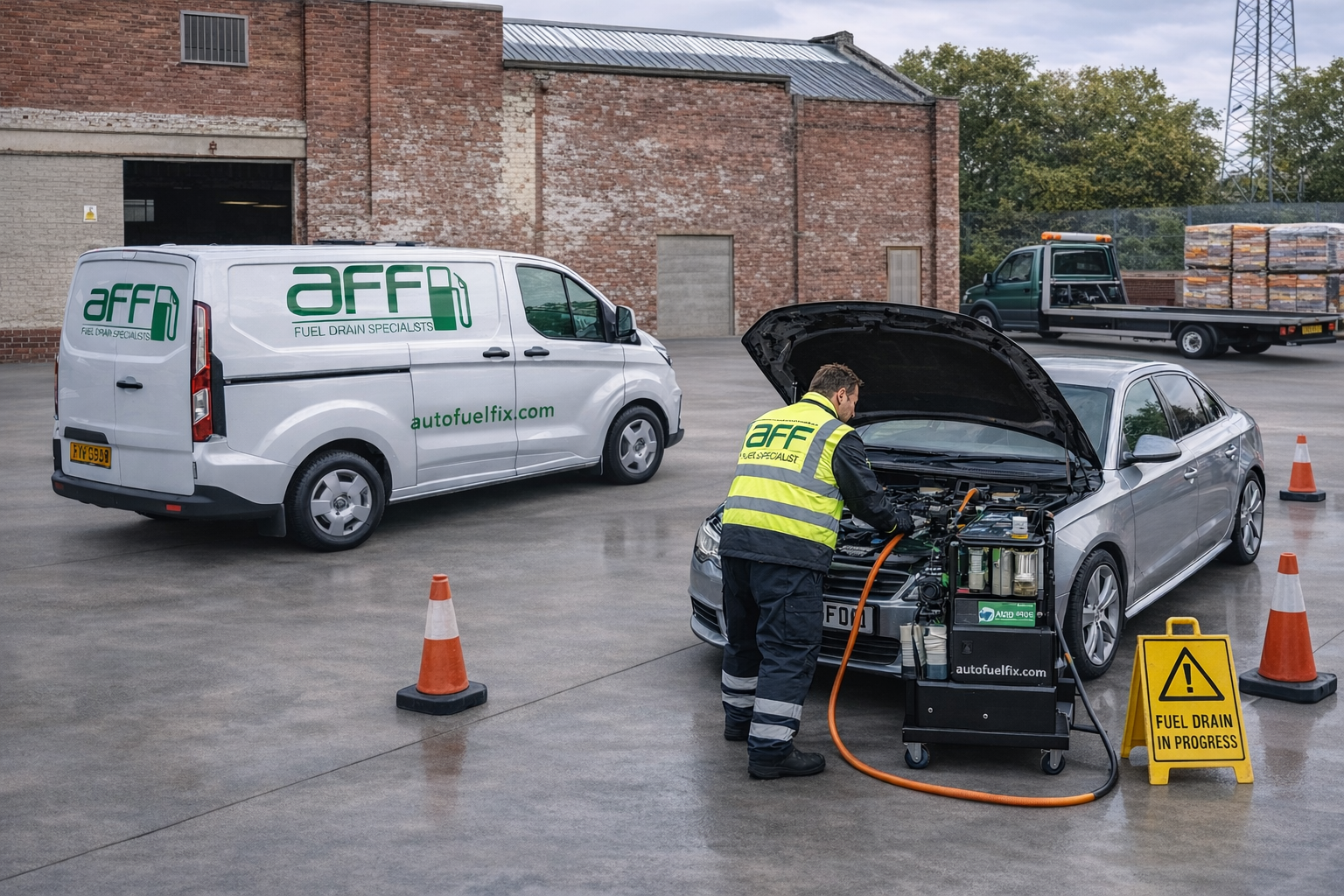 AFF technician draining the wrong fuel from a vehicle at the roadside